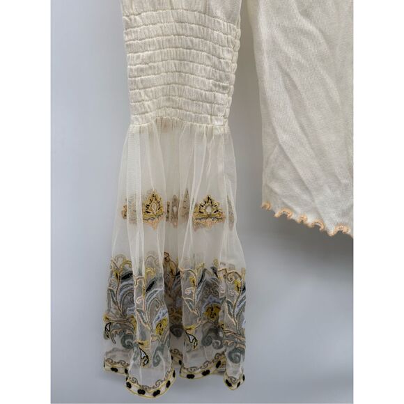 Free People Top Mesh Women Medium‎ White Bell Sleeve Embroidered Bohemian Fairy - Picture 6 of 12